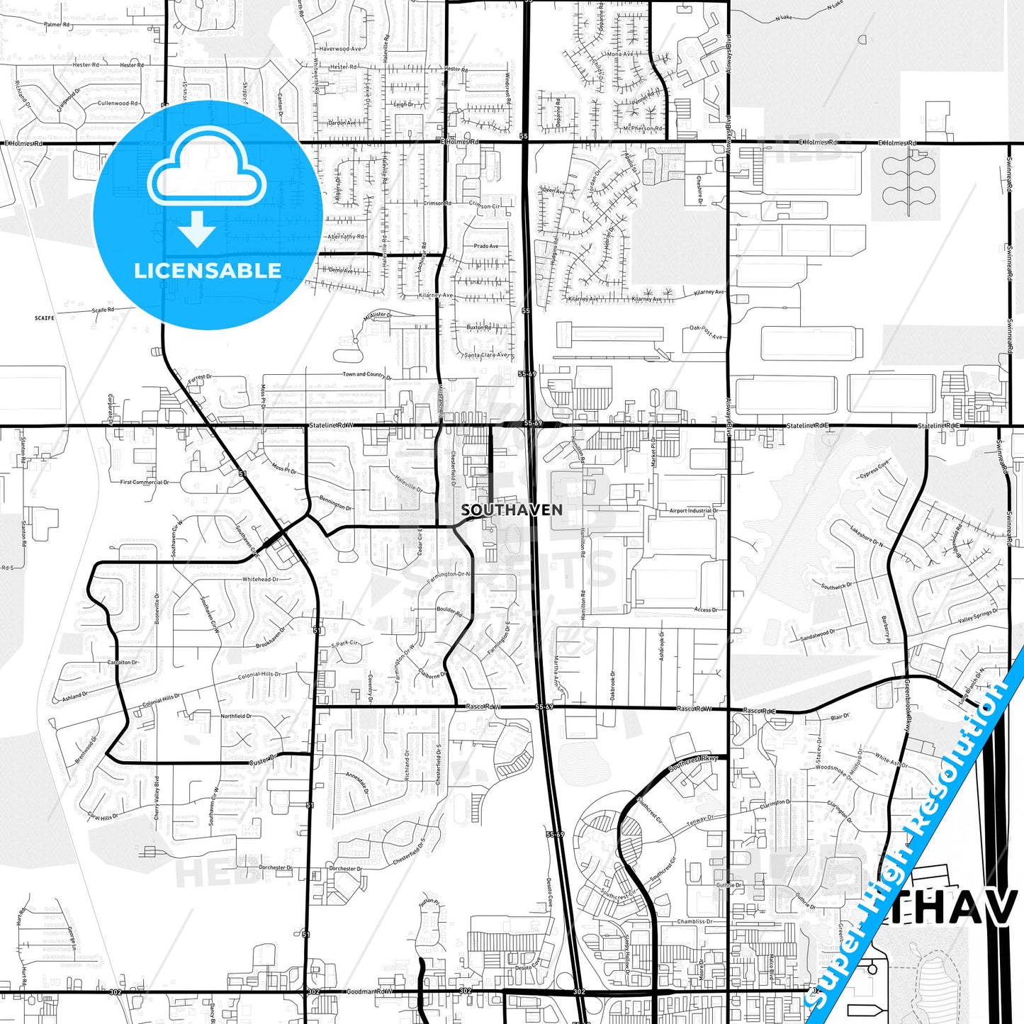 Southaven, Mississippi Light Map with Street Names, City Names, and Districts