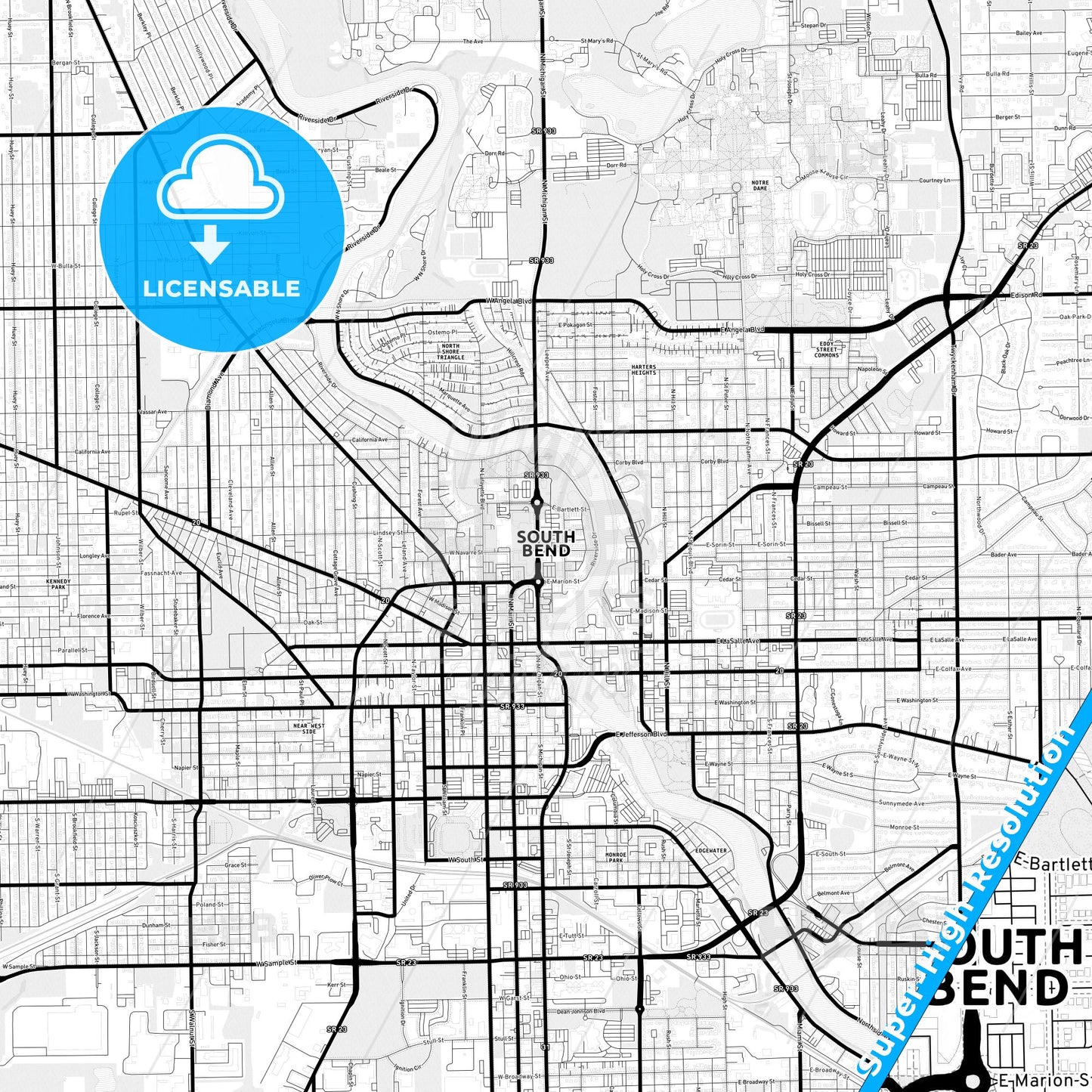 South Bend, Indiana Light Map with Street Names, City Names, and Districts