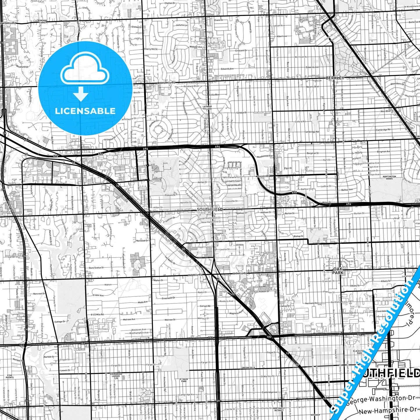 Southfield, Michigan Light Map with Street Names, City Names, and Districts
