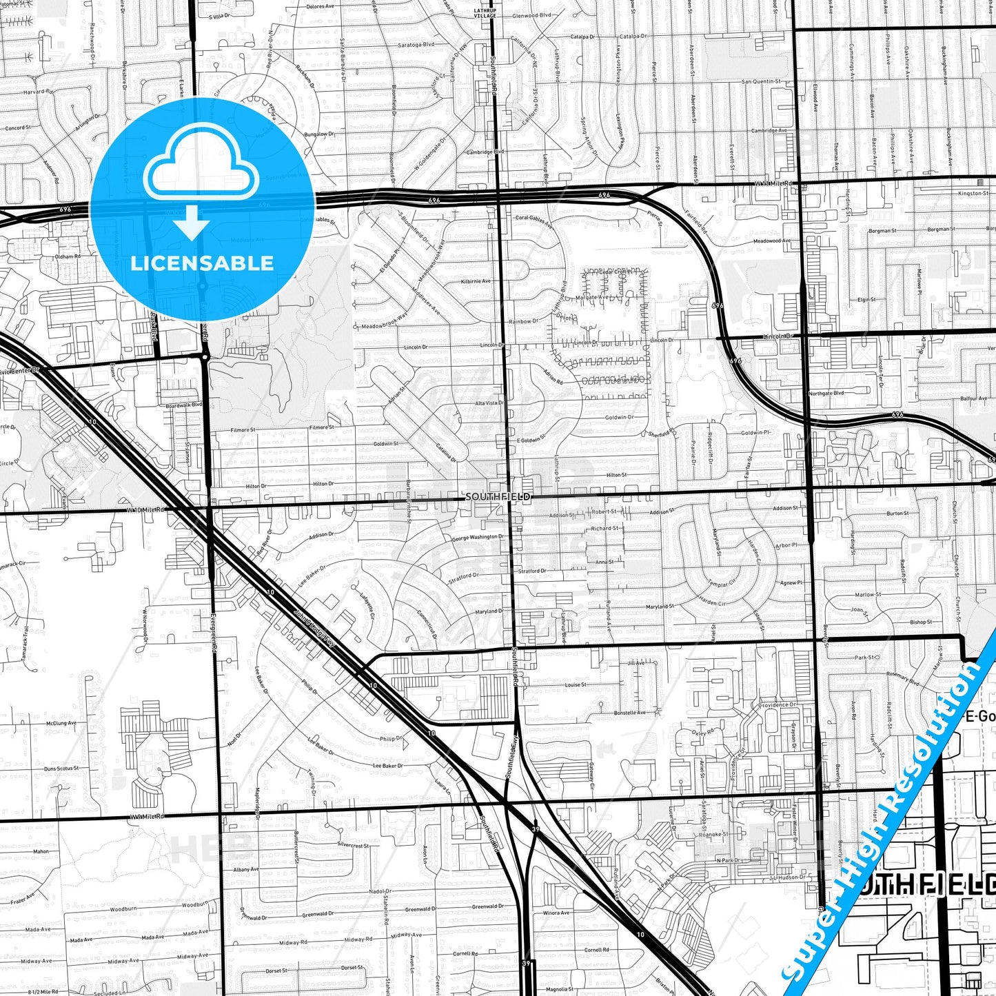 Southfield, Michigan Light Map with Street Names, City Names, and Districts