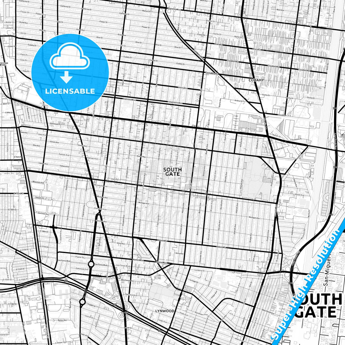 South Gate, California Light Map with Street Names, City Names, and Districts