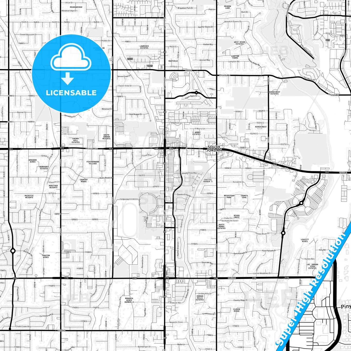 South Jordan, Utah Light Map with Street Names, City Names, and Districts