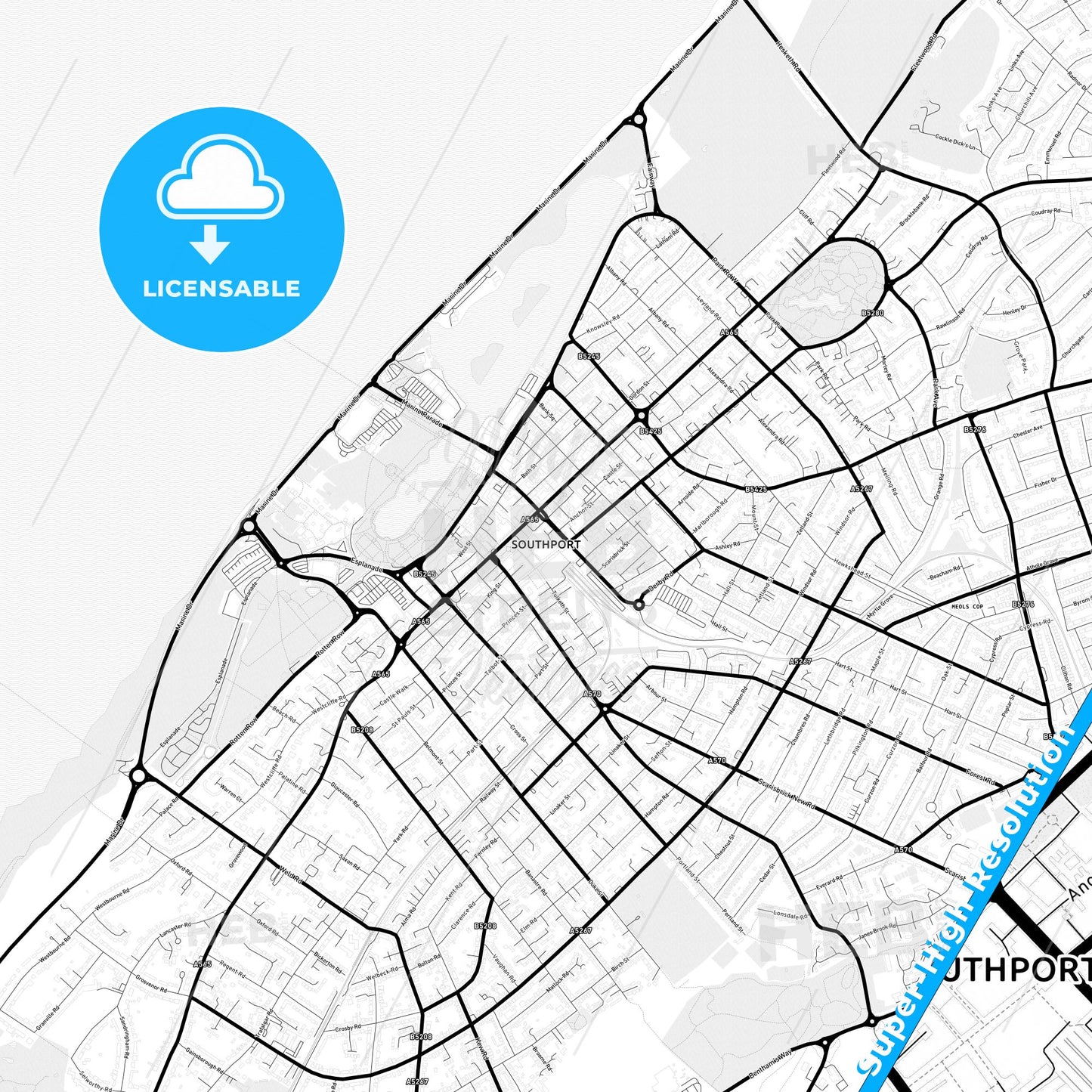 Southport, England Light Map with Street Names, City Names, and Districts