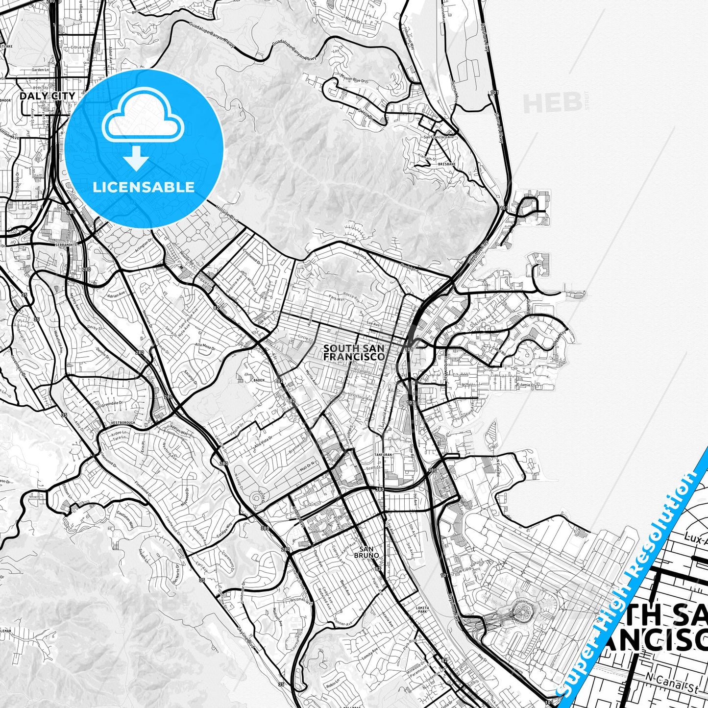 South San Francisco, California Light Map with Street Names, City Names, and Districts