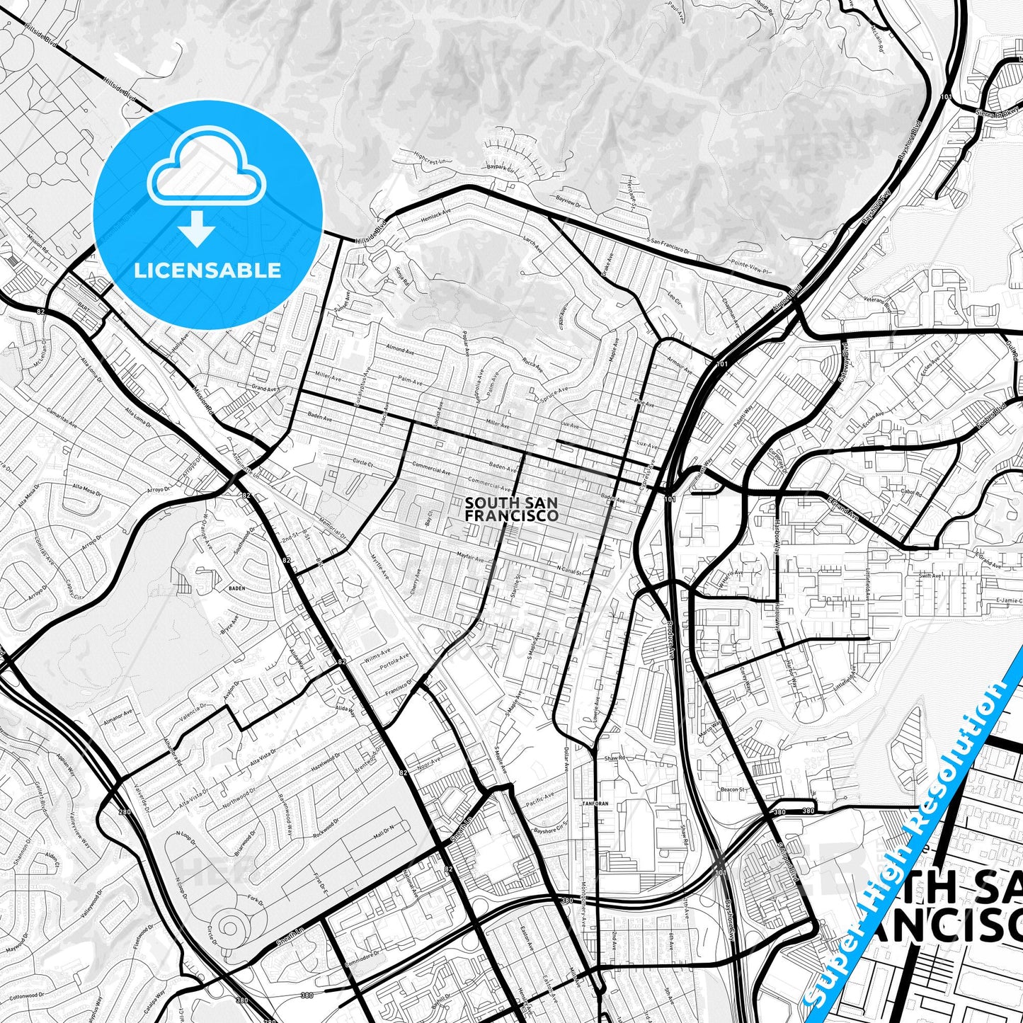 South San Francisco, California Light Map with Street Names, City Names, and Districts