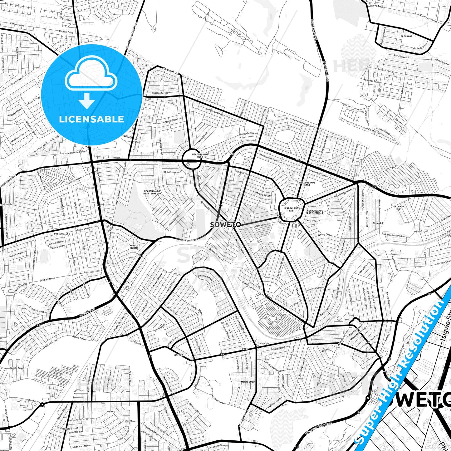 Soweto, South Africa Light Map with Street Names, City Names, and Districts