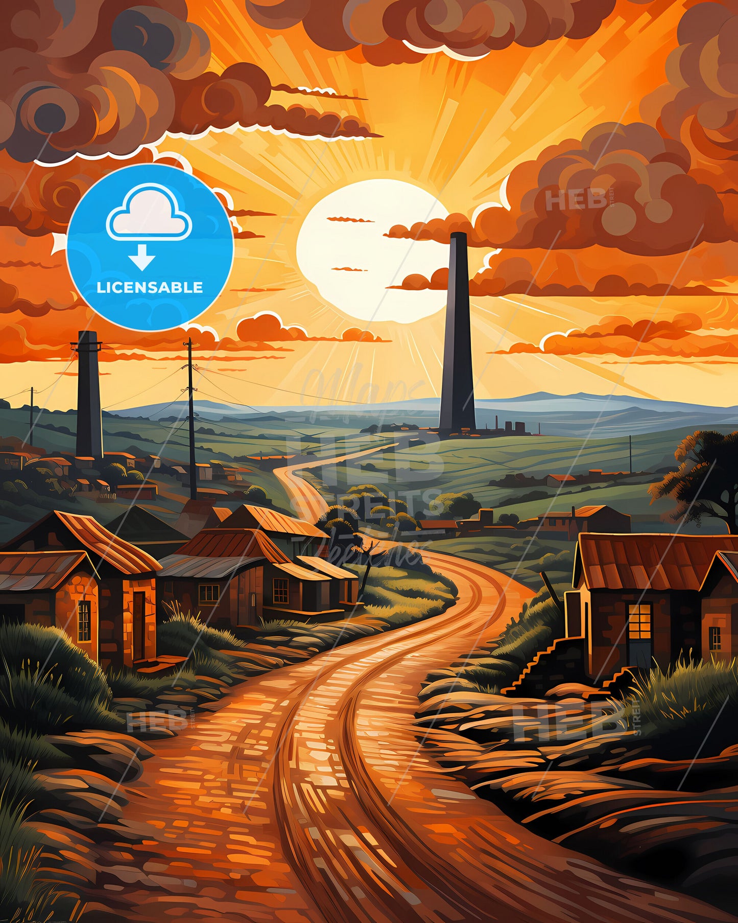 Soweto Cityscape: Vibrant Village Artwork Depicting a Road Leading to a Settlement in South Africa