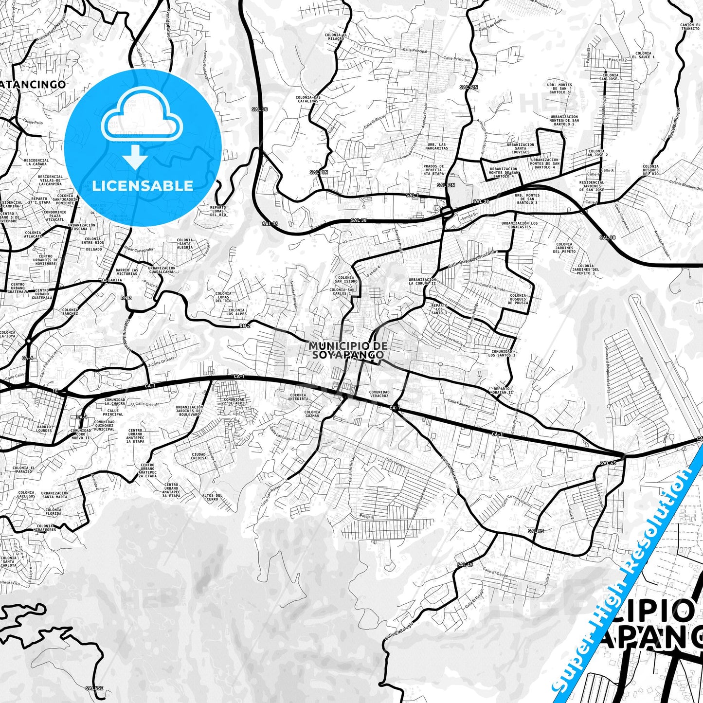 Soyapango, El Salvador Light Map with Street Names, City Names, and Districts