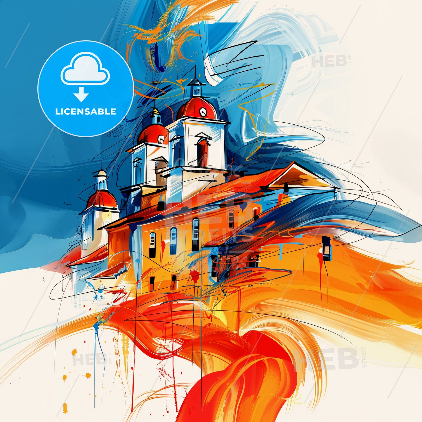 Vibrant Spanish Town, Jamaica - A Painting Of A Building With Orange And Blue Colors