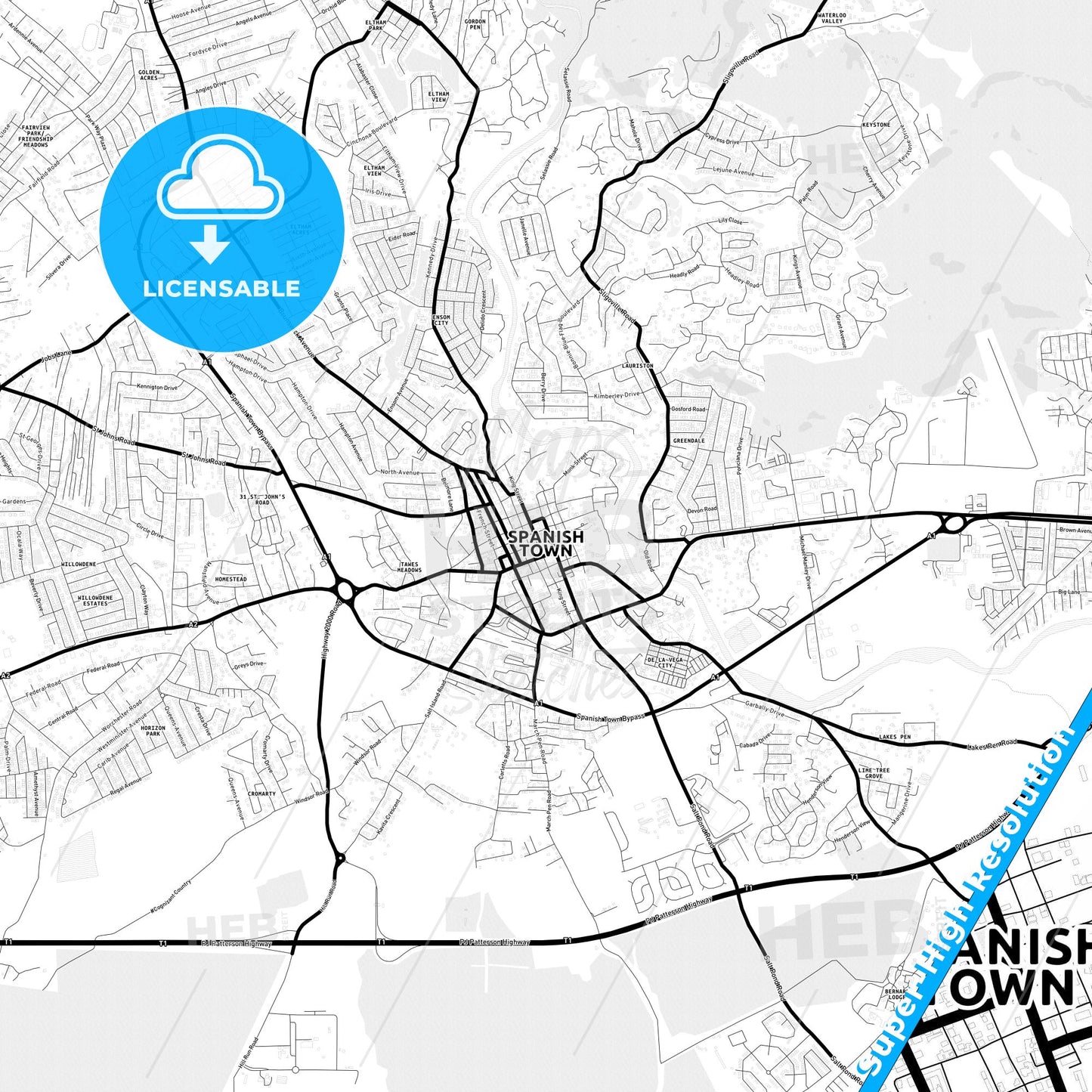 Spanish Town, Jamaica Light Map with Street Names, City Names, and Districts