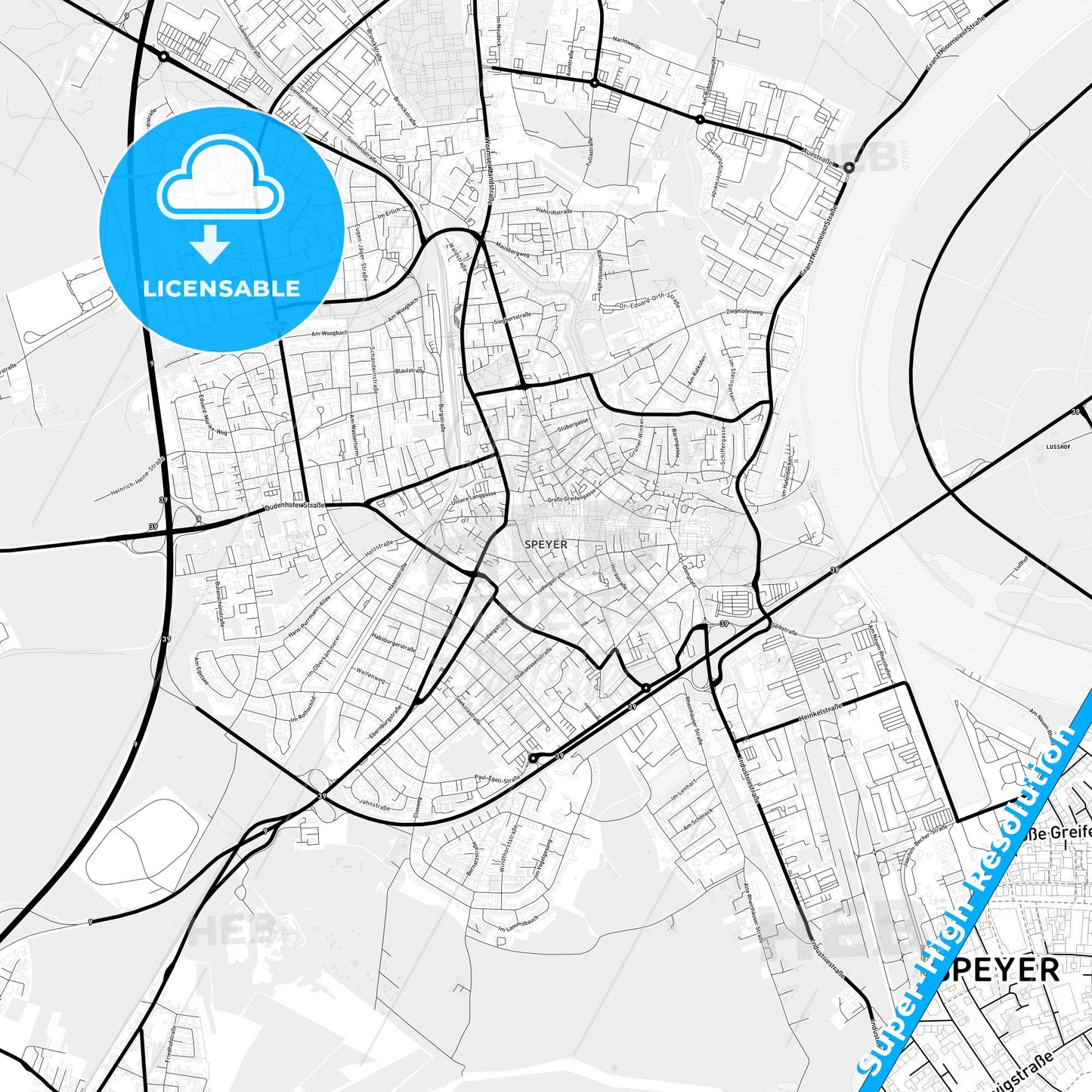 Speyer, Germany Light Map with Street Names, City Names, and Districts