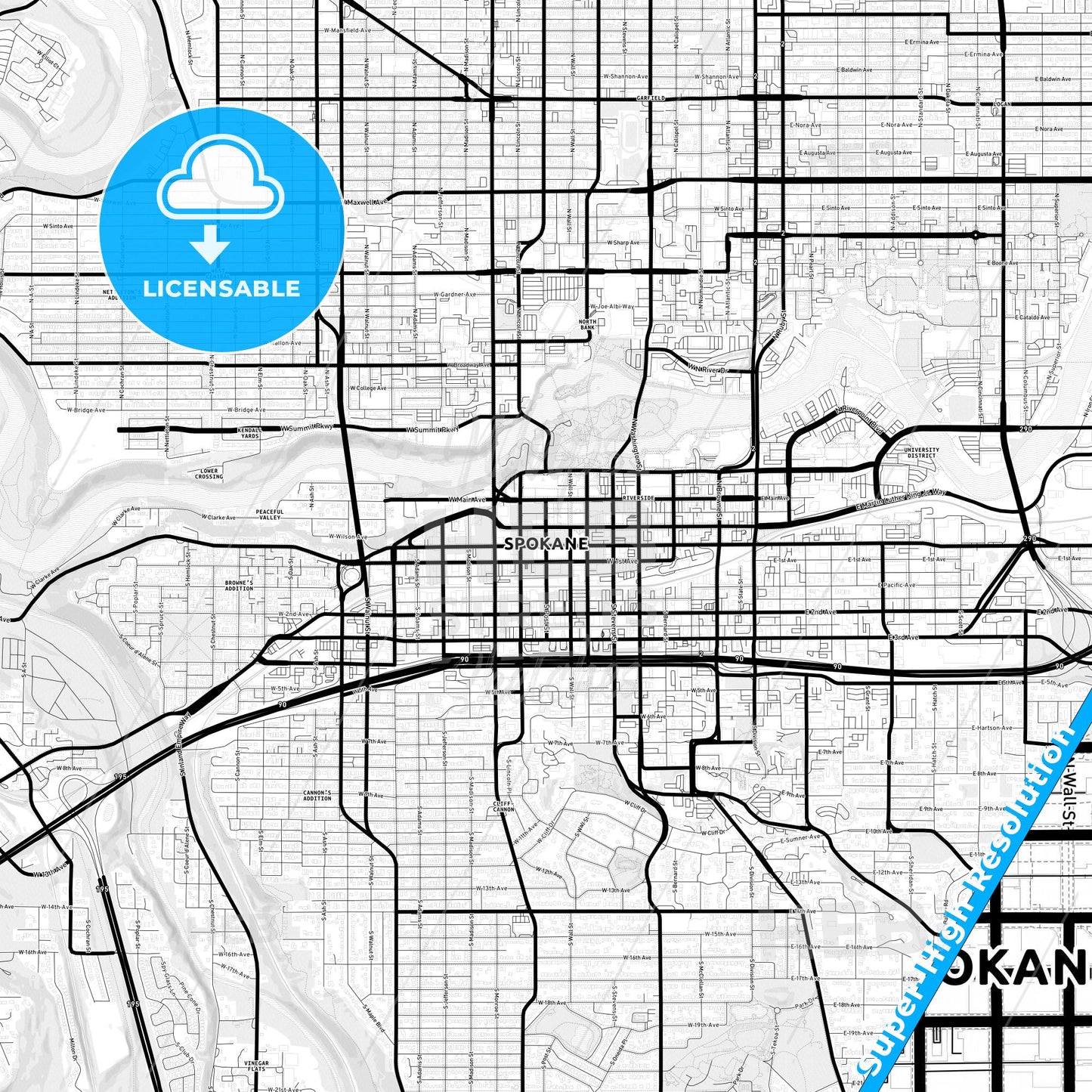 Spokane, Washington Light Map with Street Names, City Names, and Districts