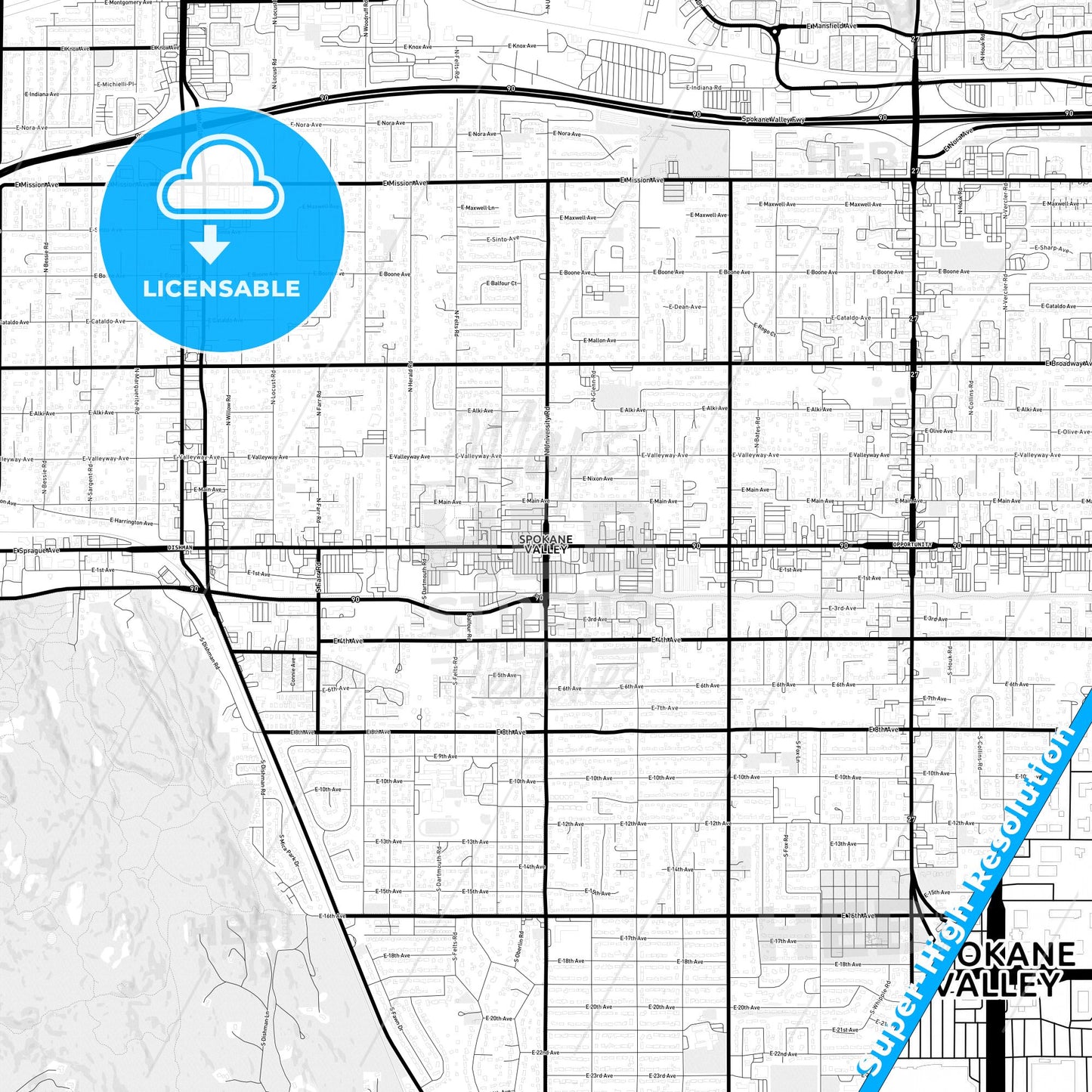 Spokane Valley, Washington Light Map with Street Names, City Names, and Districts