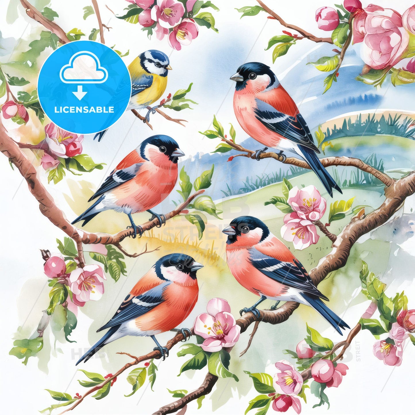 Spring Serenity: Elegant Cherry Blossoms and Birds in Peaceful Watercolor Harmony