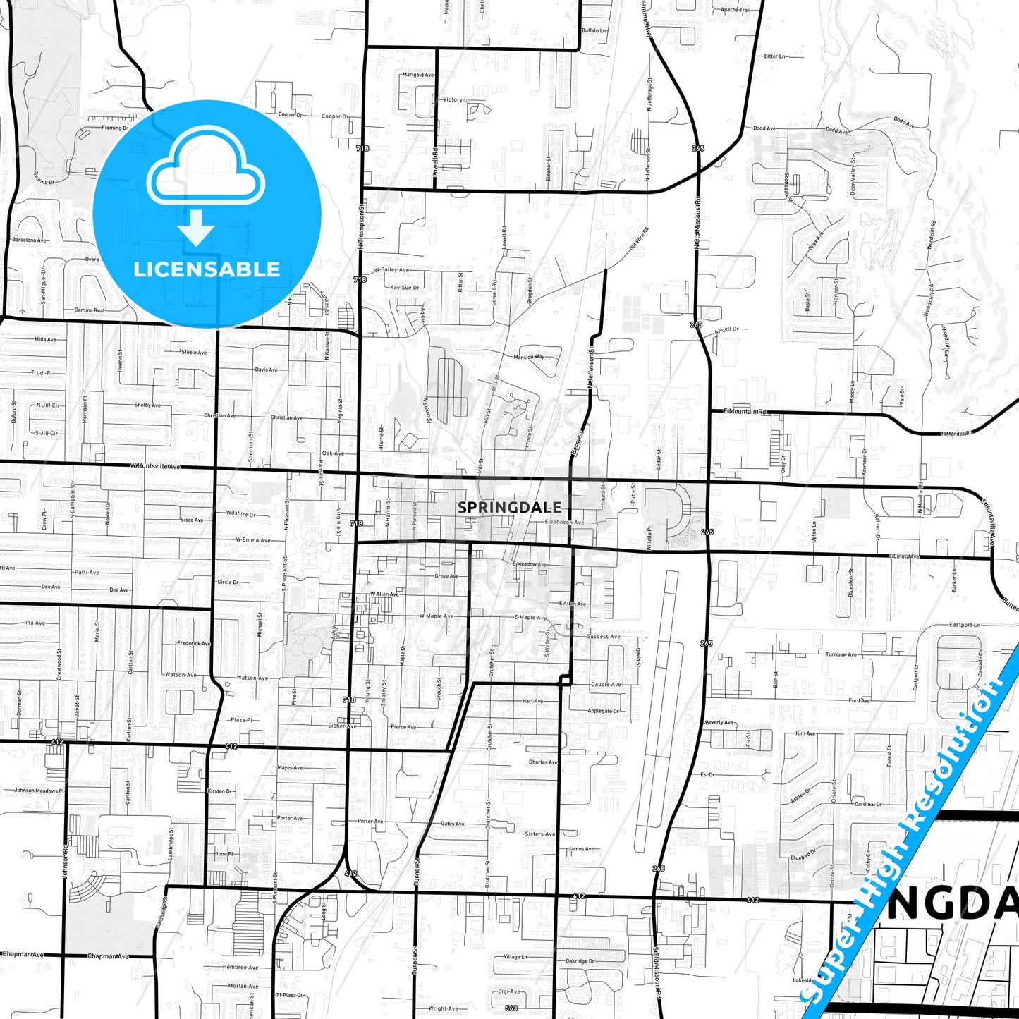 Springdale, Arkansas Light Map with Street Names, City Names, and Districts