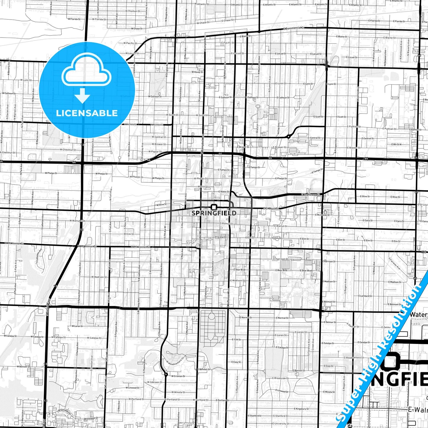 Springfield, Missouri Light Map with Street Names, City Names, and Districts