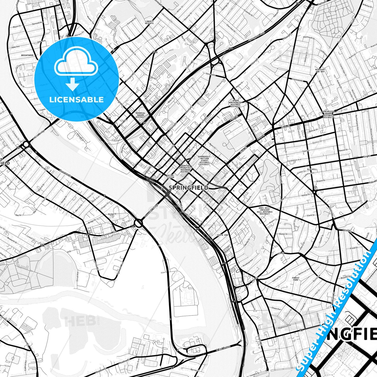 Springfield, Massachusetts Light Map with Street Names, City Names, and Districts