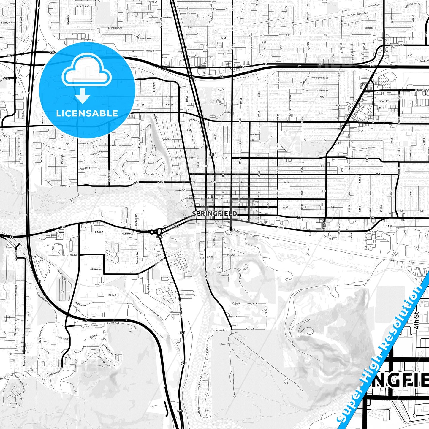 Springfield, Oregon Light Map with Street Names, City Names, and Districts