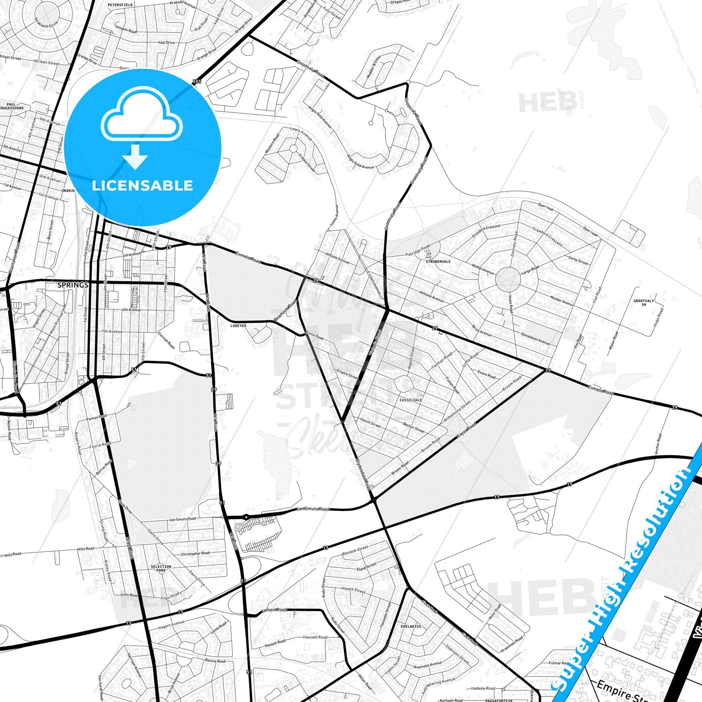 Springs, South Africa Light Map with Street Names, City Names, and Districts