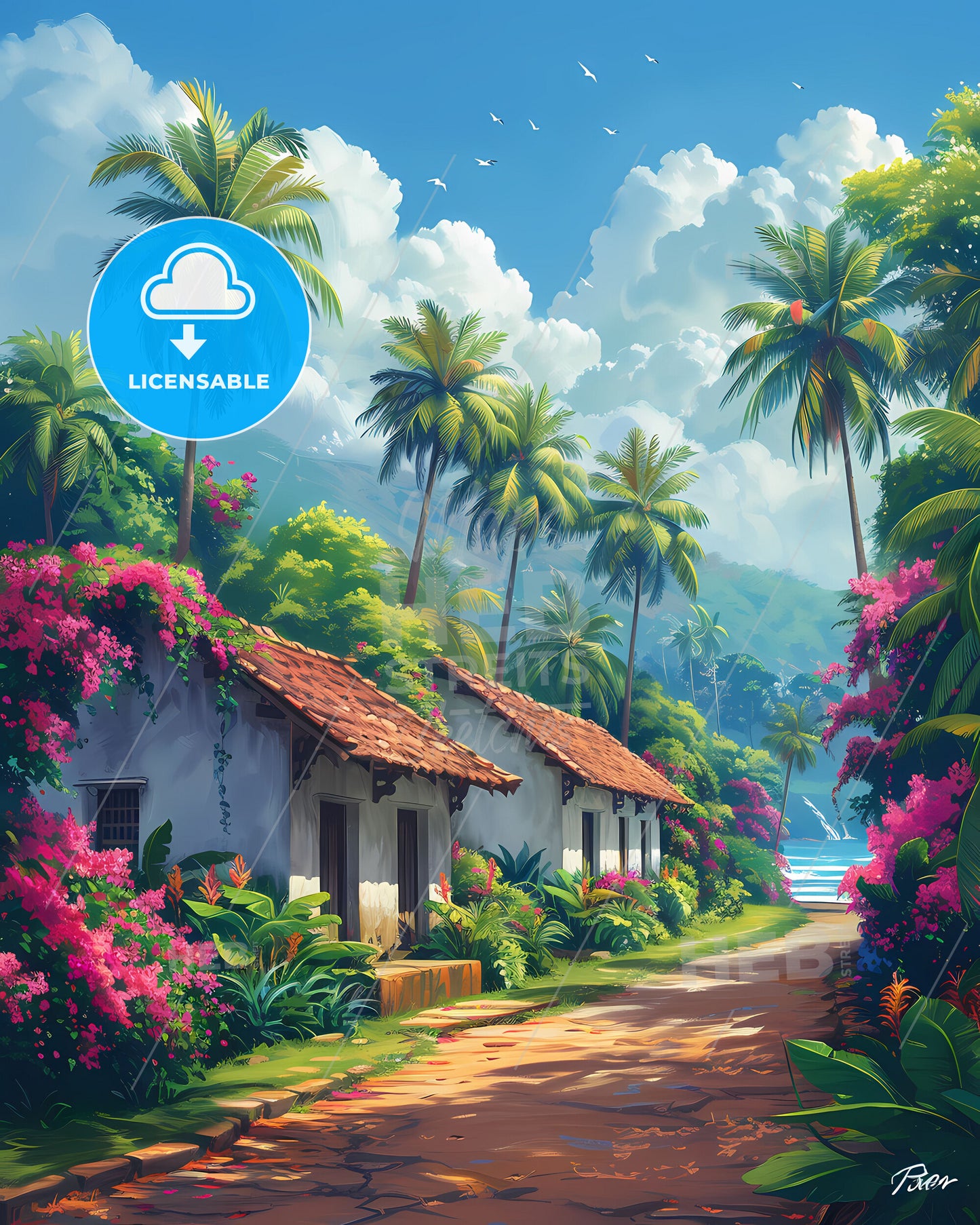 South Asia Painting, Home, Sri Lanka, Road, Palm Trees, Flowers, Vibrant, Art
