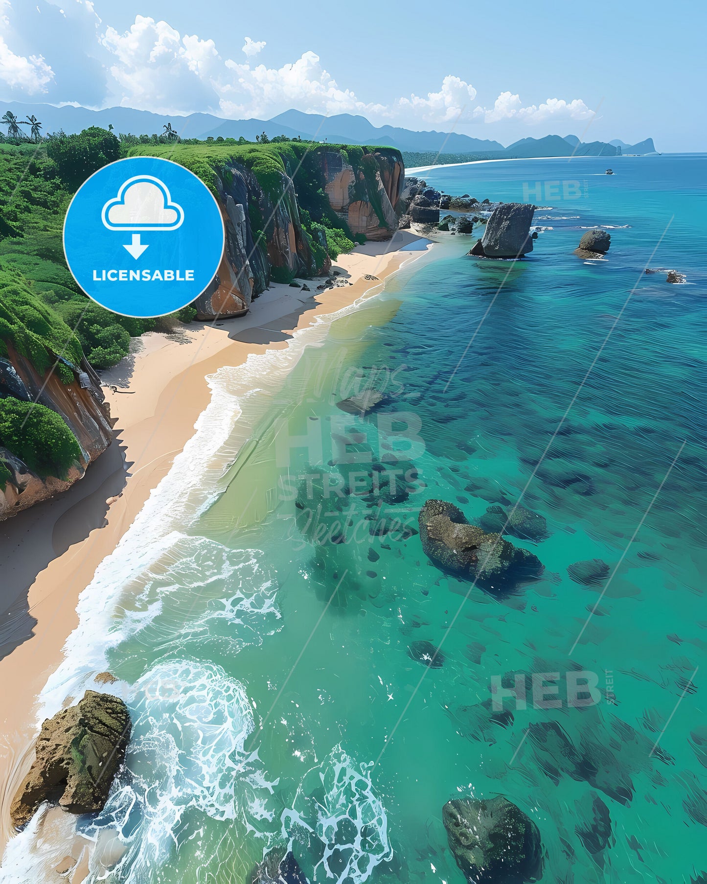 Sri Lanka Beach Painting Rocks Trees Landscape Colorful Artwork Nature Asia Travel