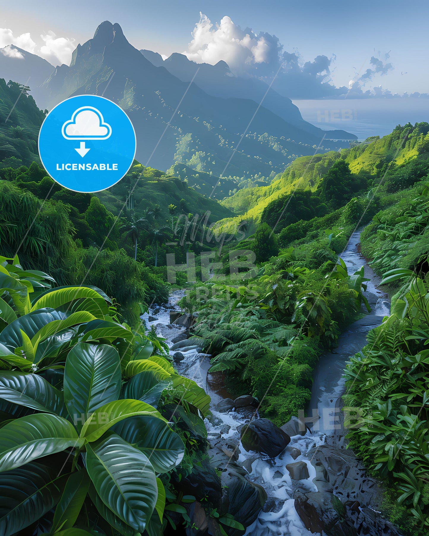 Vibrant Art Painting of a River Flowing Through a Tropical Forest in Sri Lanka, South Asia