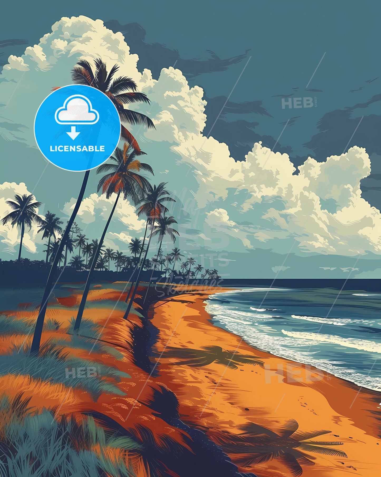 Sri Lanka Beach Painting: Colorful Abstract Artwork of Palm Trees and Waves