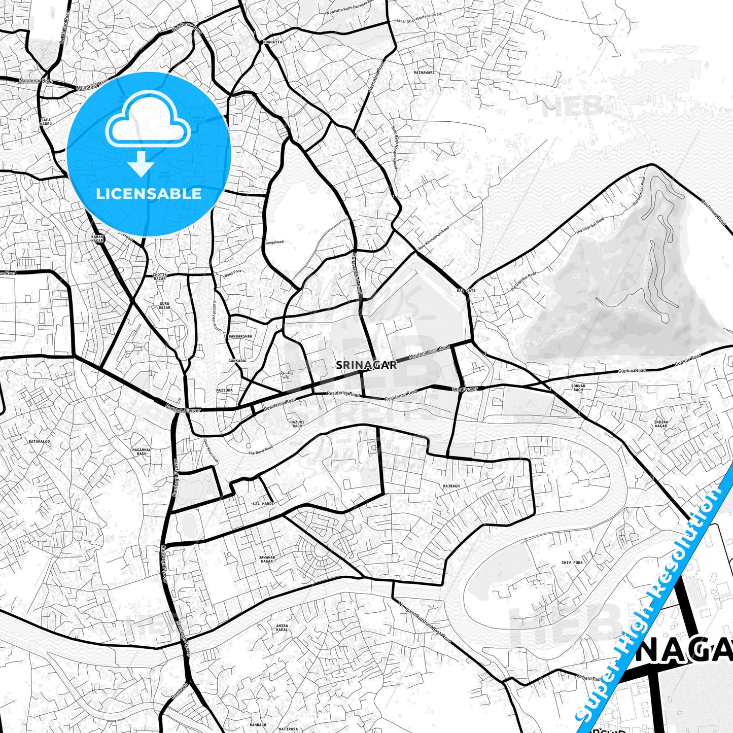 Srinagar, India Light Map with Street Names, City Names, and Districts