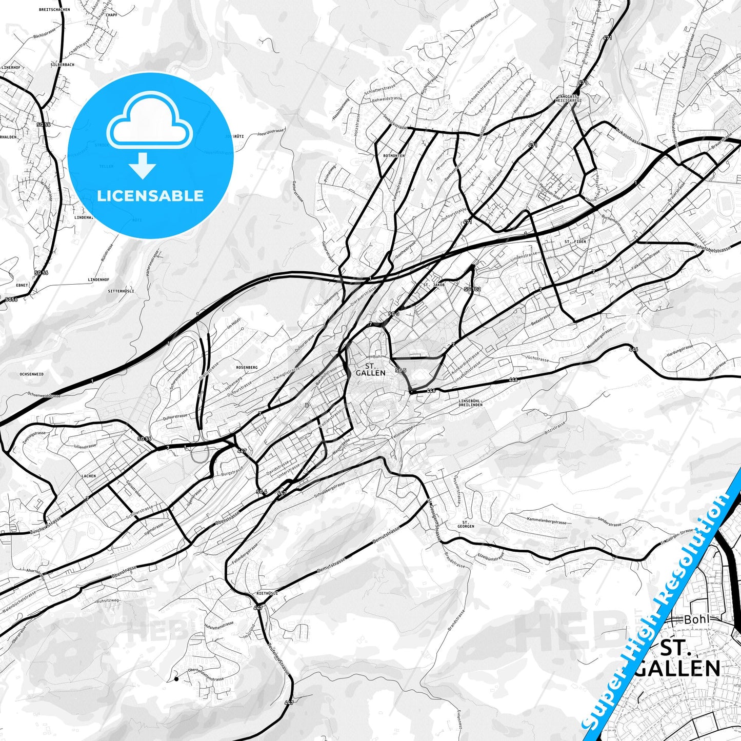 St. Gallen, Switzerland Light Map with Street Names, City Names, and Districts