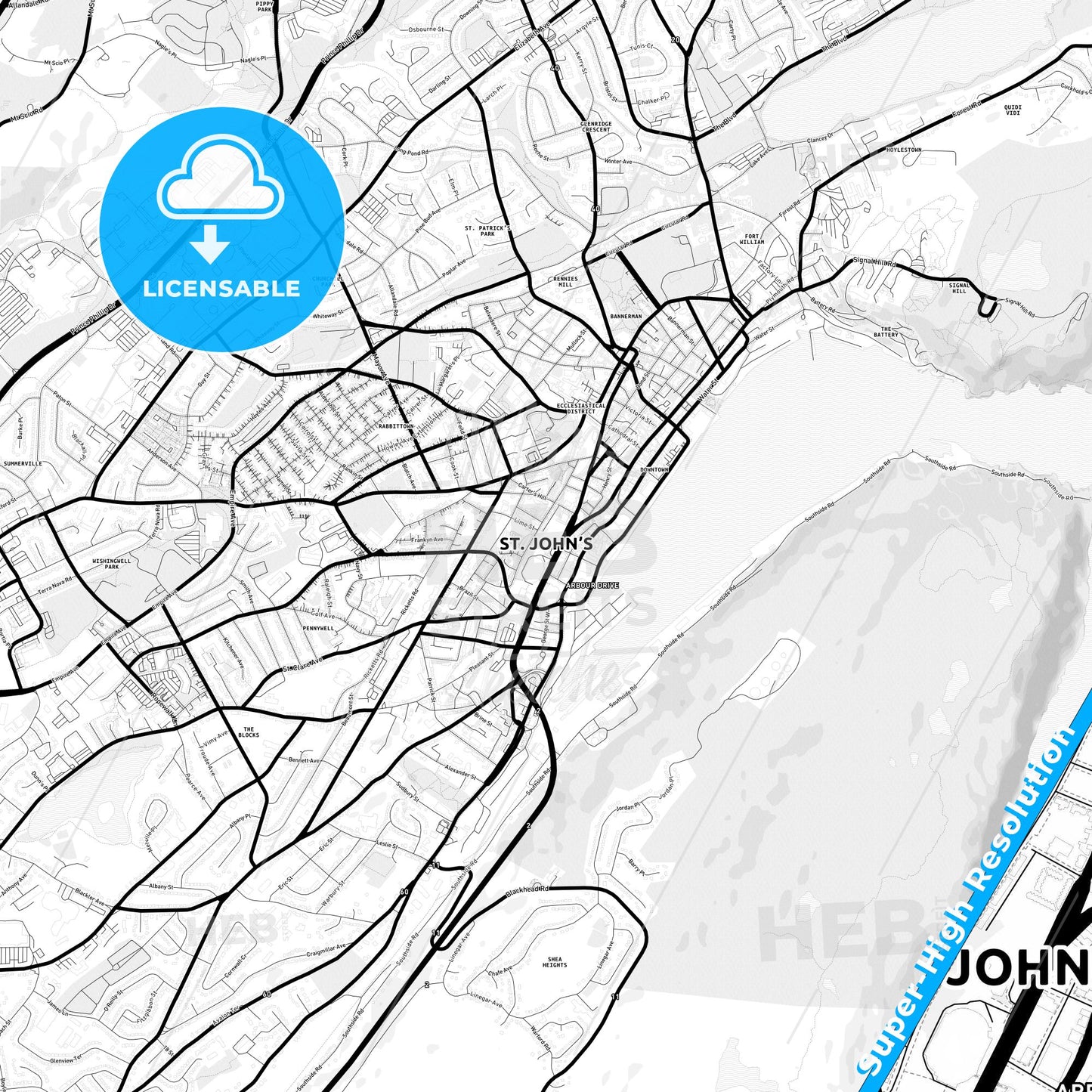 St Johns, Canada Light Map with Street Names, City Names, and Districts
