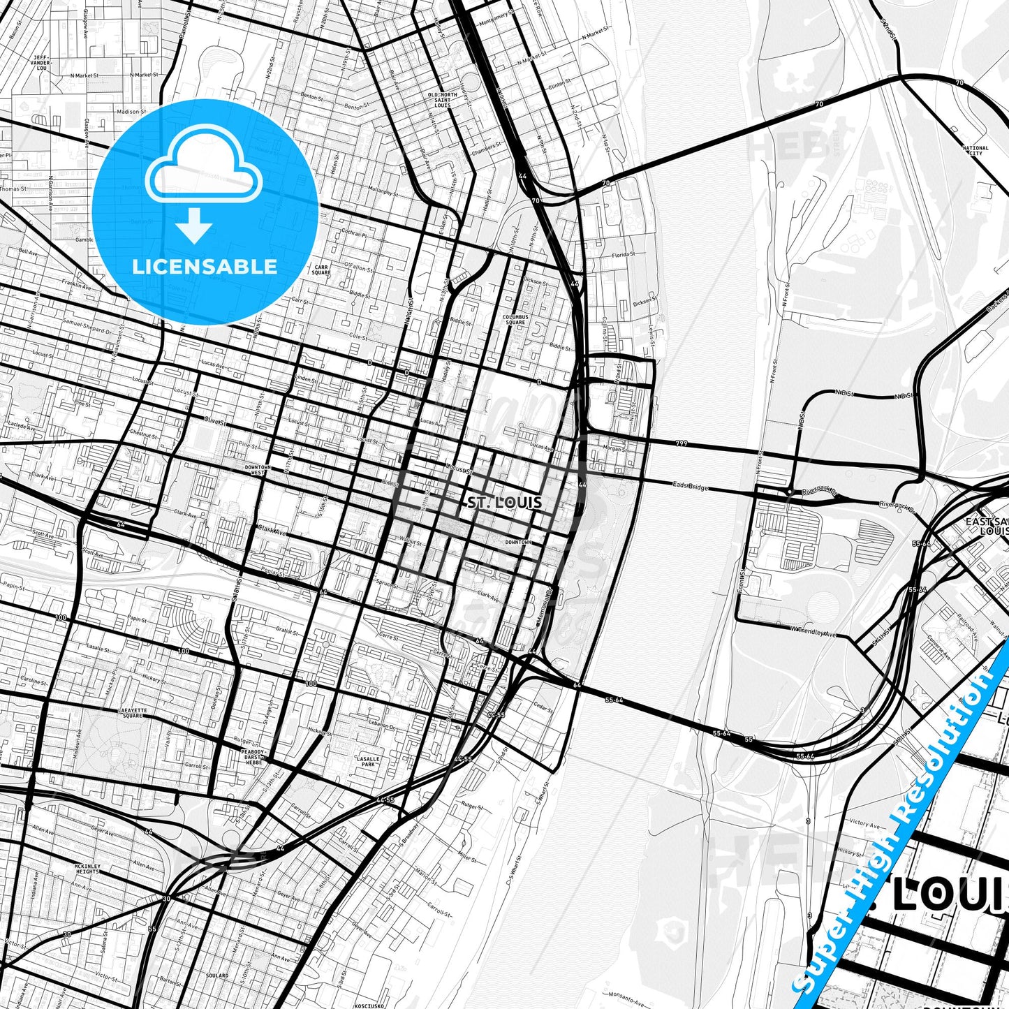 St. Louis, Missouri Light Map with Street Names, City Names, and Districts