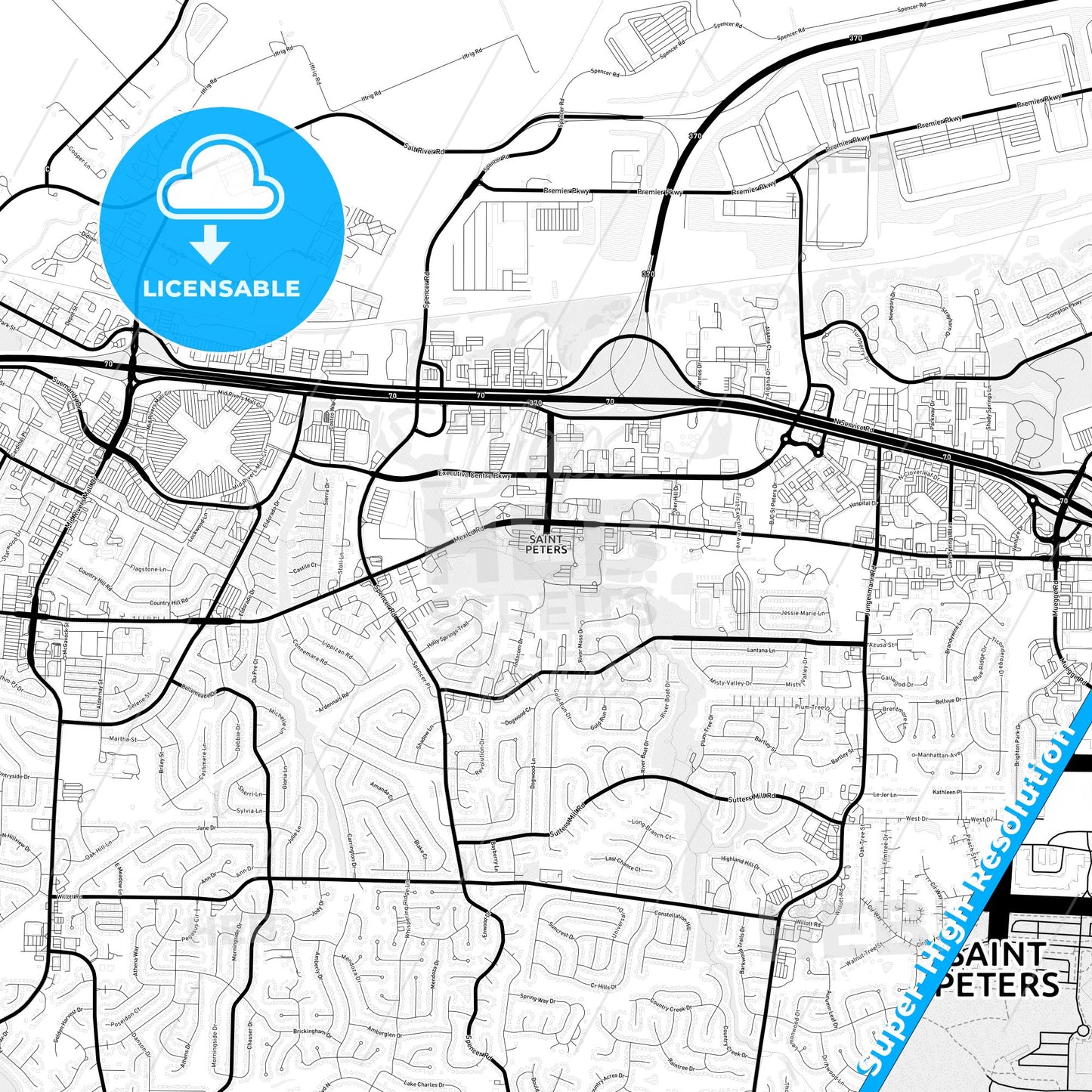 St. Peters, Missouri Light Map with Street Names, City Names, and Districts