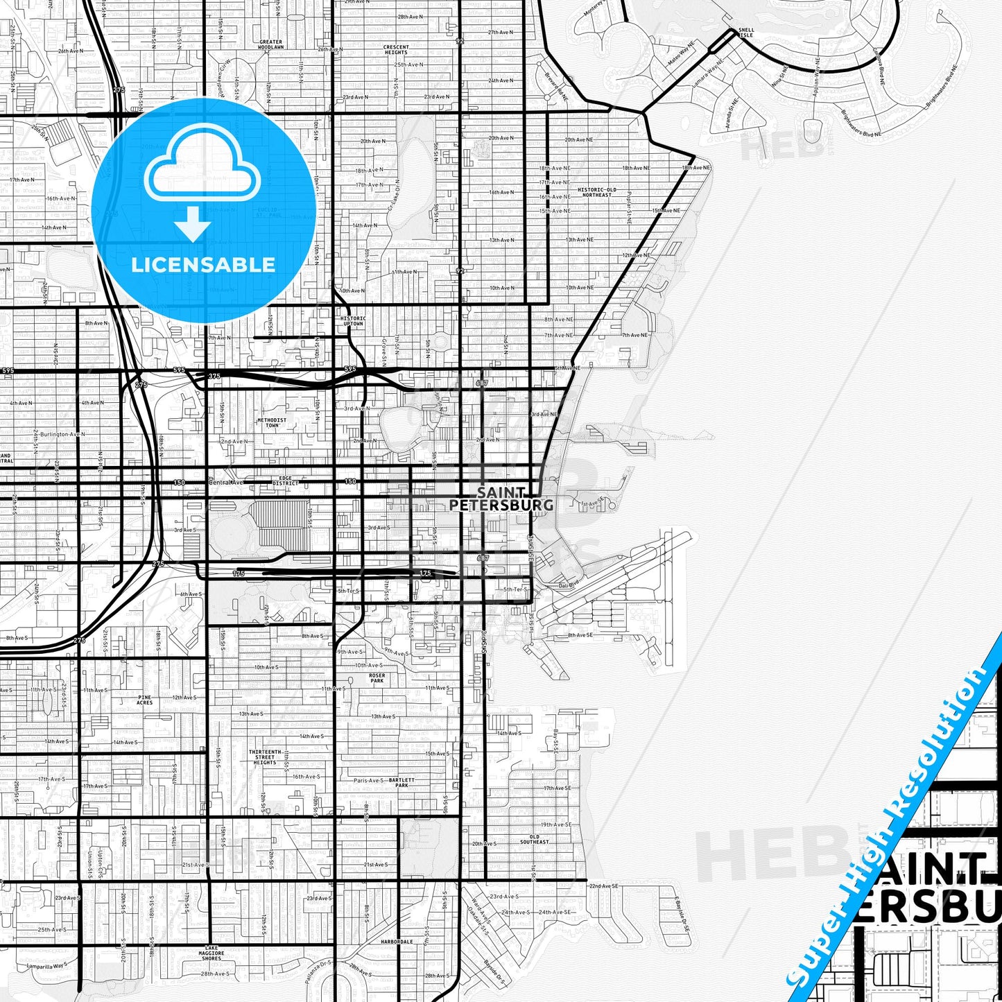 St. Petersburg, Florida Light Map with Street Names, City Names, and Districts