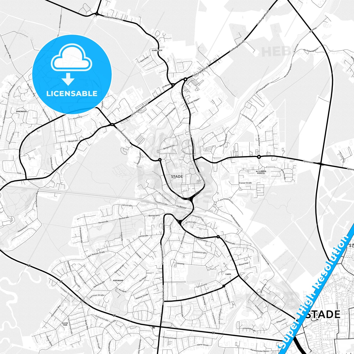 Stade, Germany Light Map with Street Names, City Names, and Districts