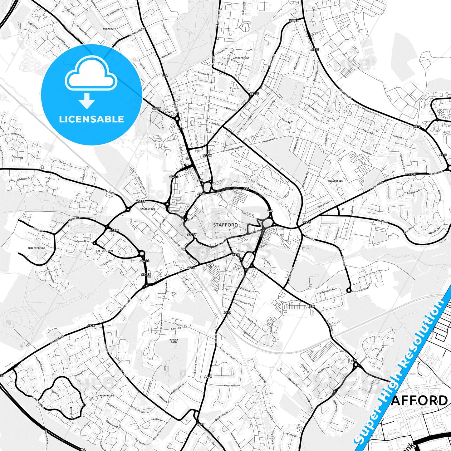 Stafford, England Light Map with Street Names, City Names, and Districts
