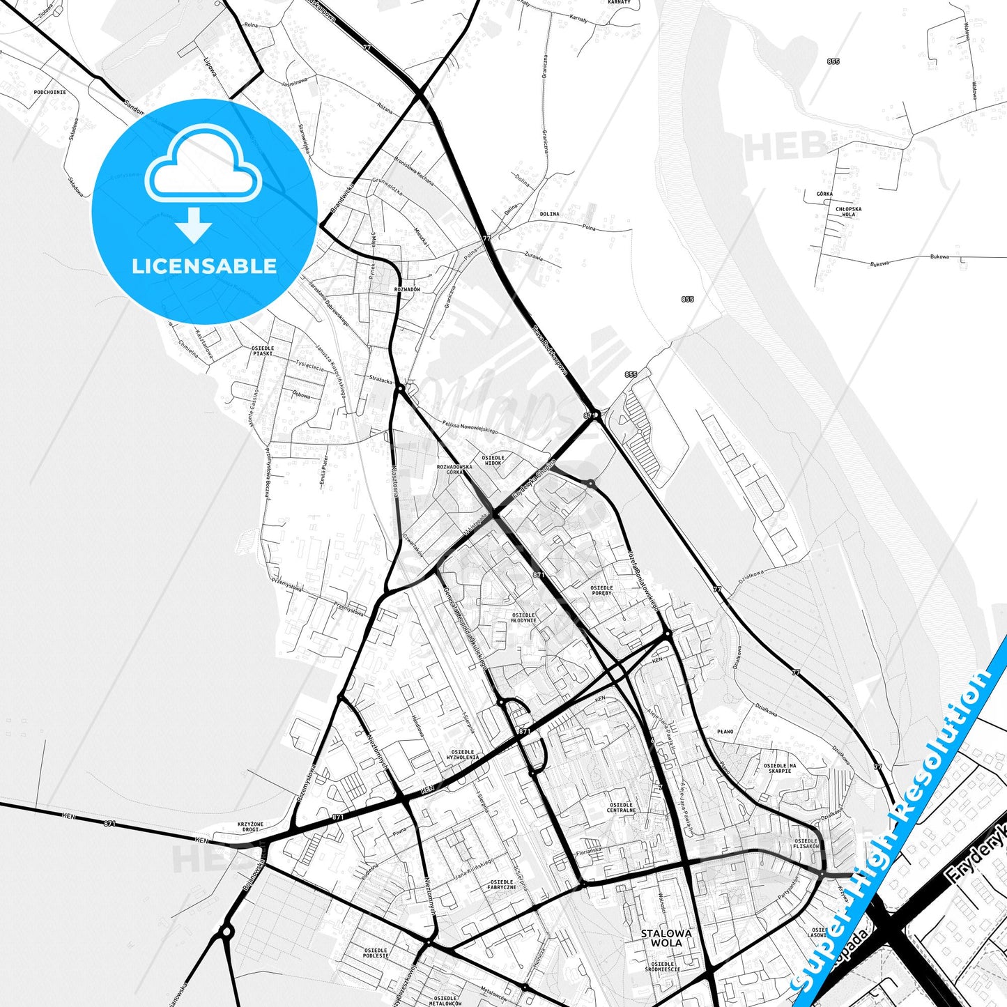 Stalowa Wola, Poland Light Map with Street Names, City Names, and Districts