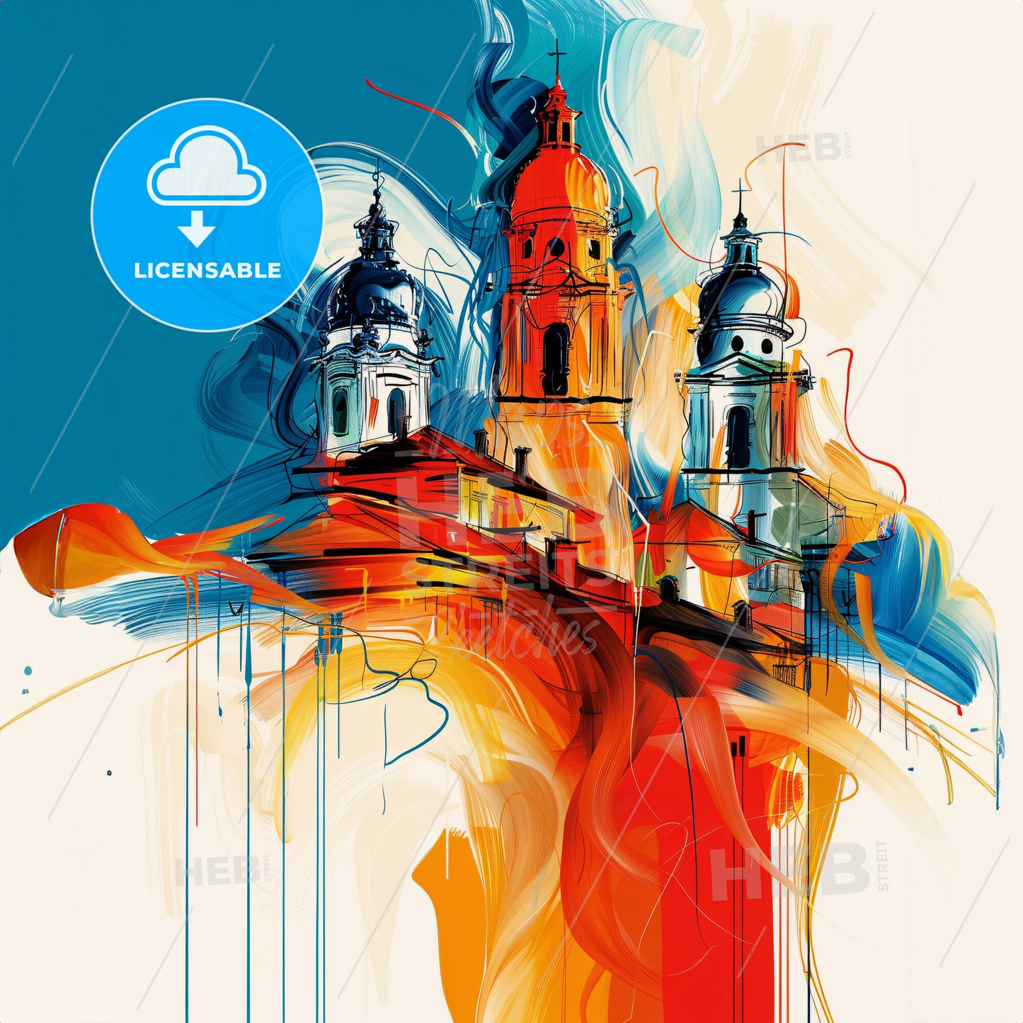 Vibrant Стара Загора, Bulgaria - A Painting Of A Building With Towers And A Fire