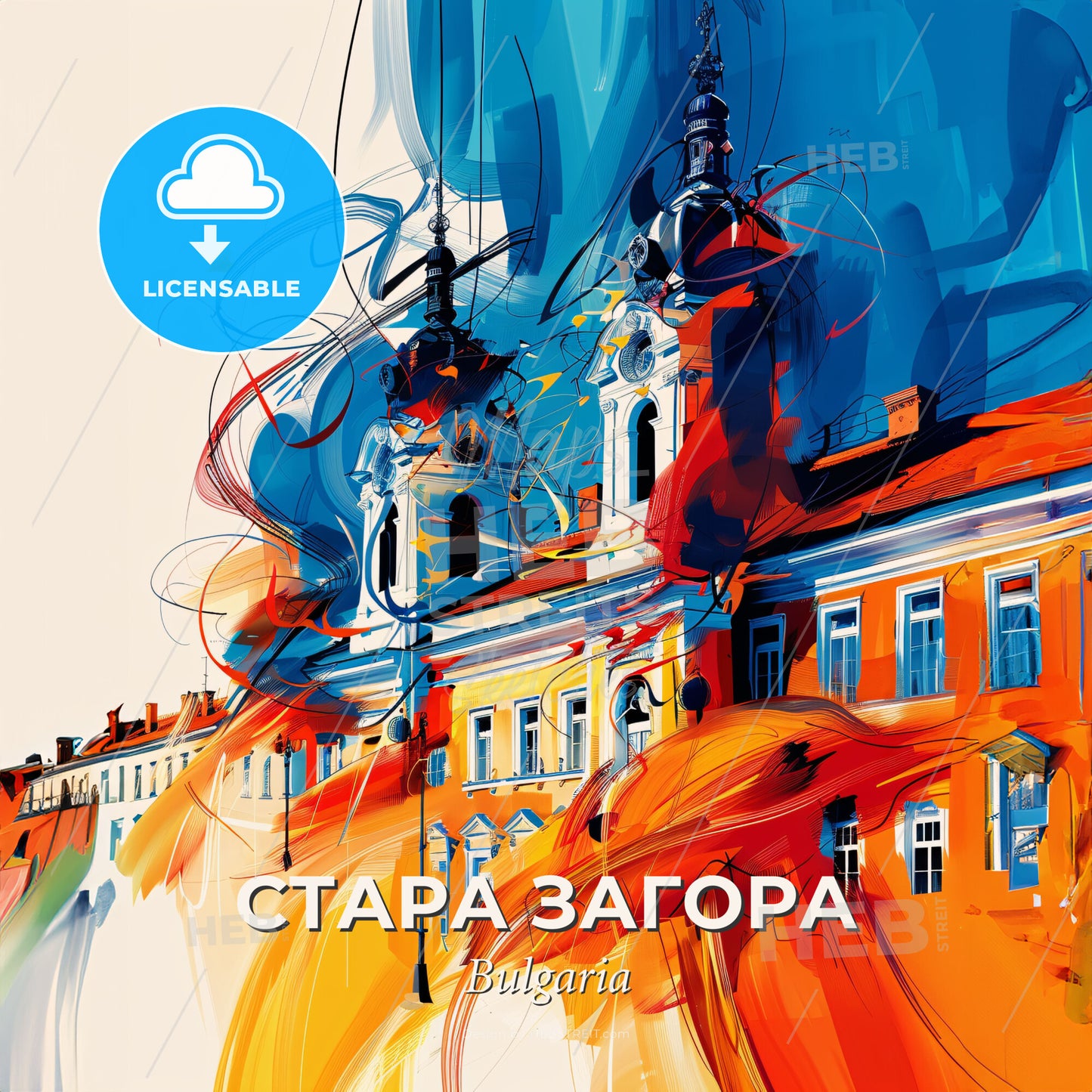 Vibrant Стара Загора, Bulgaria - A Painting Of A Building With A Colorful Background - Square format print template