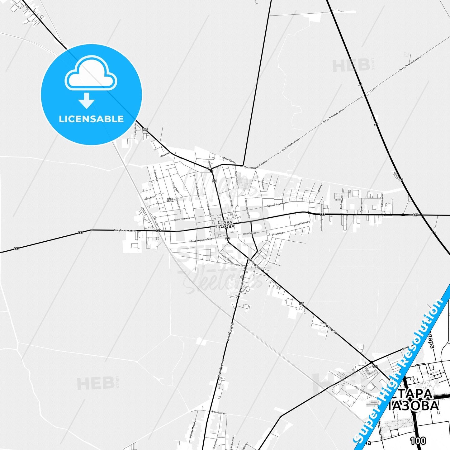 Stara Pazova, Serbia Light Map with Street Names, City Names, and Districts