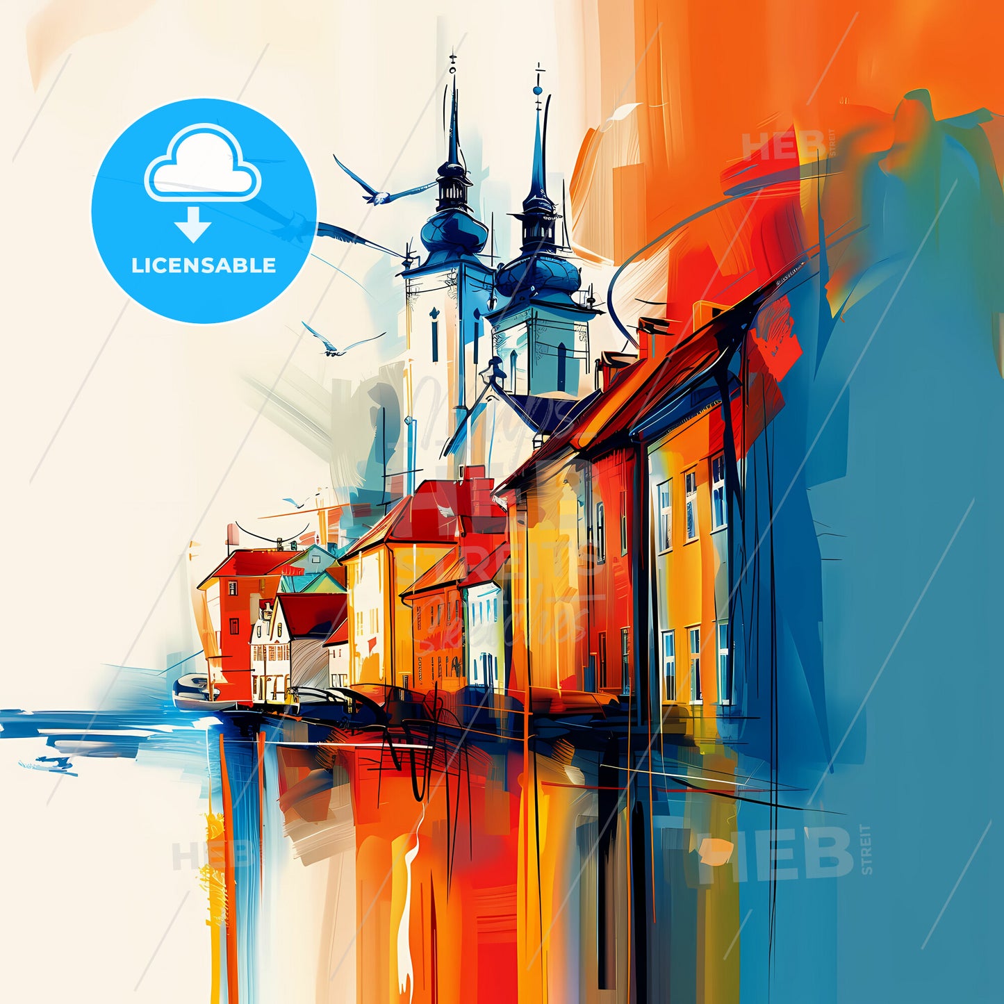 Vibrant Stavanger, Norway - A Painting Of A City With A Church And Water