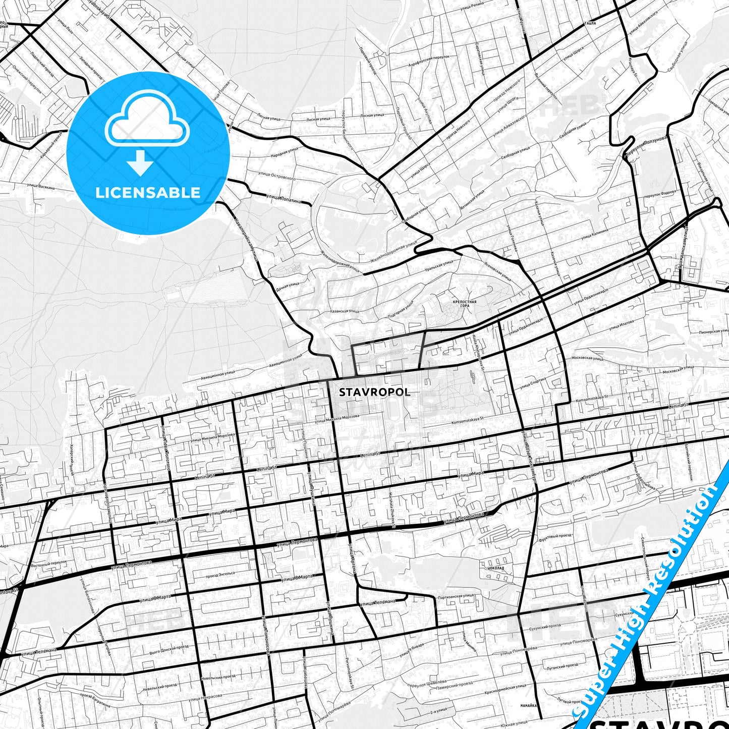 Stavropol, Russia Light Map with Street Names, City Names, and Districts
