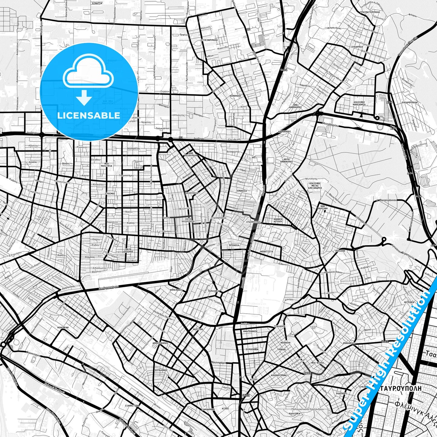 Stavroupoli, Greece Light Map with Street Names, City Names, and Districts