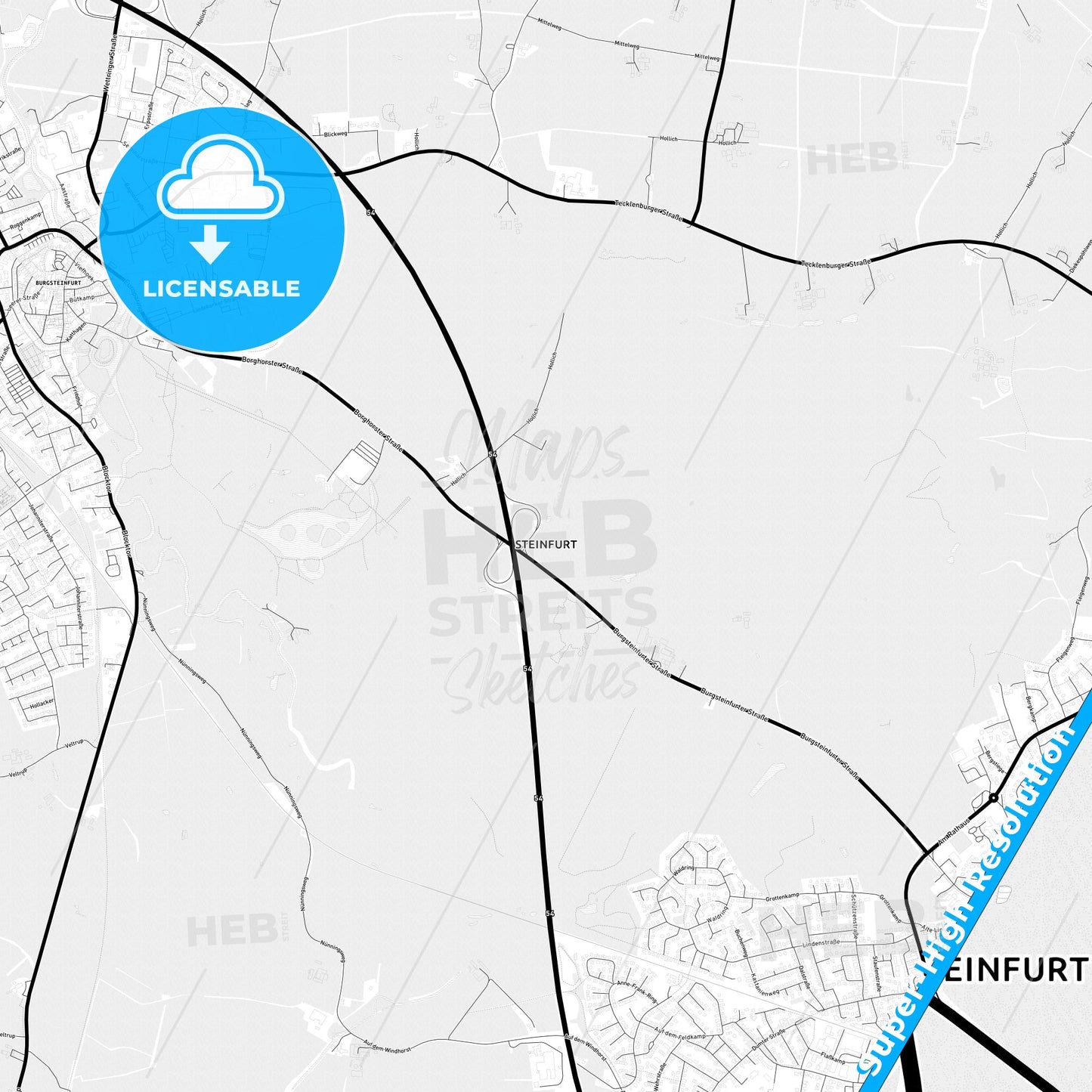 Steinfurt, Germany Light Map with Street Names, City Names, and Districts