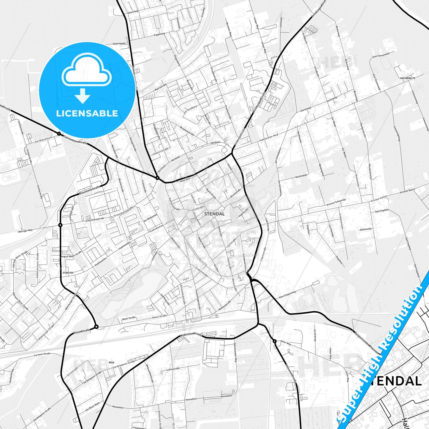Stendal, Germany Light Map with Street Names, City Names, and Districts