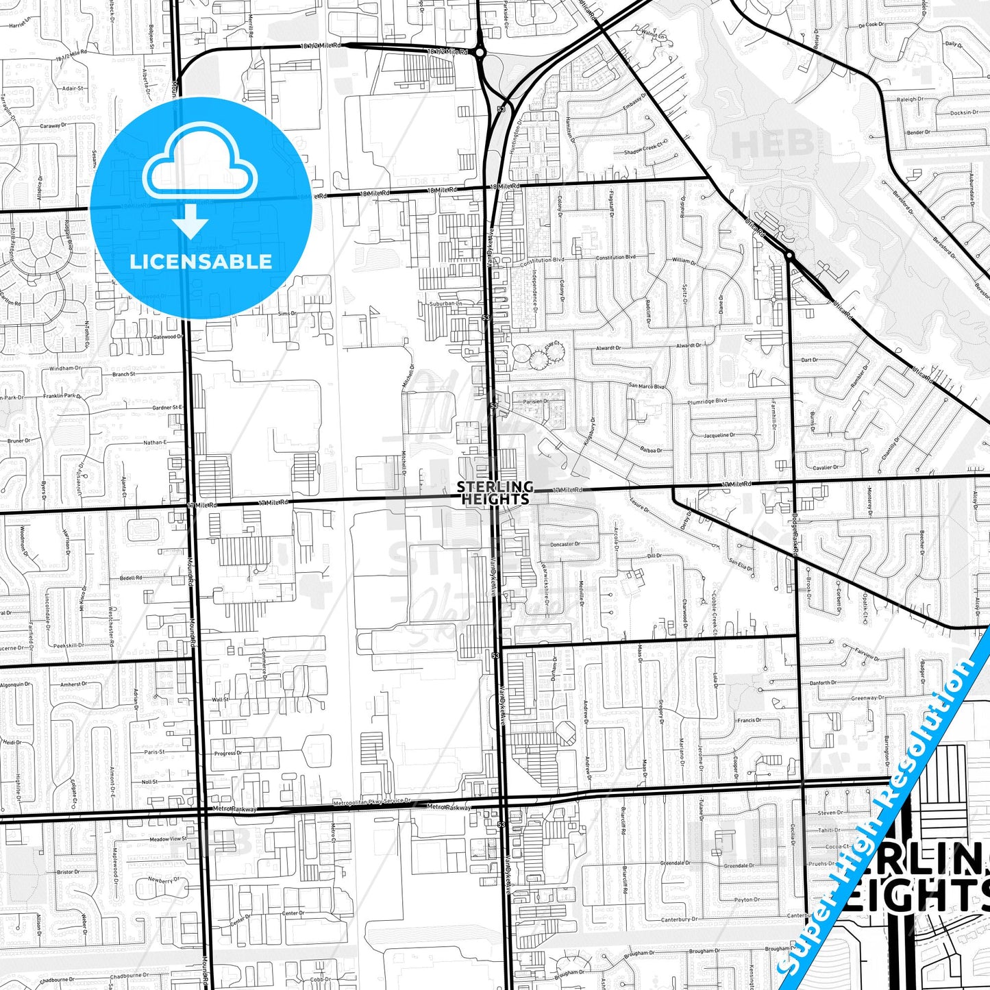 Sterling Heights, Michigan Light Map with Street Names, City Names, and Districts