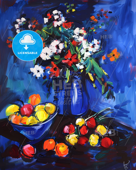 Colorful Abstract Acrylic Painting Flowers Blue Vase Fruit Bowl Still Life Art Print