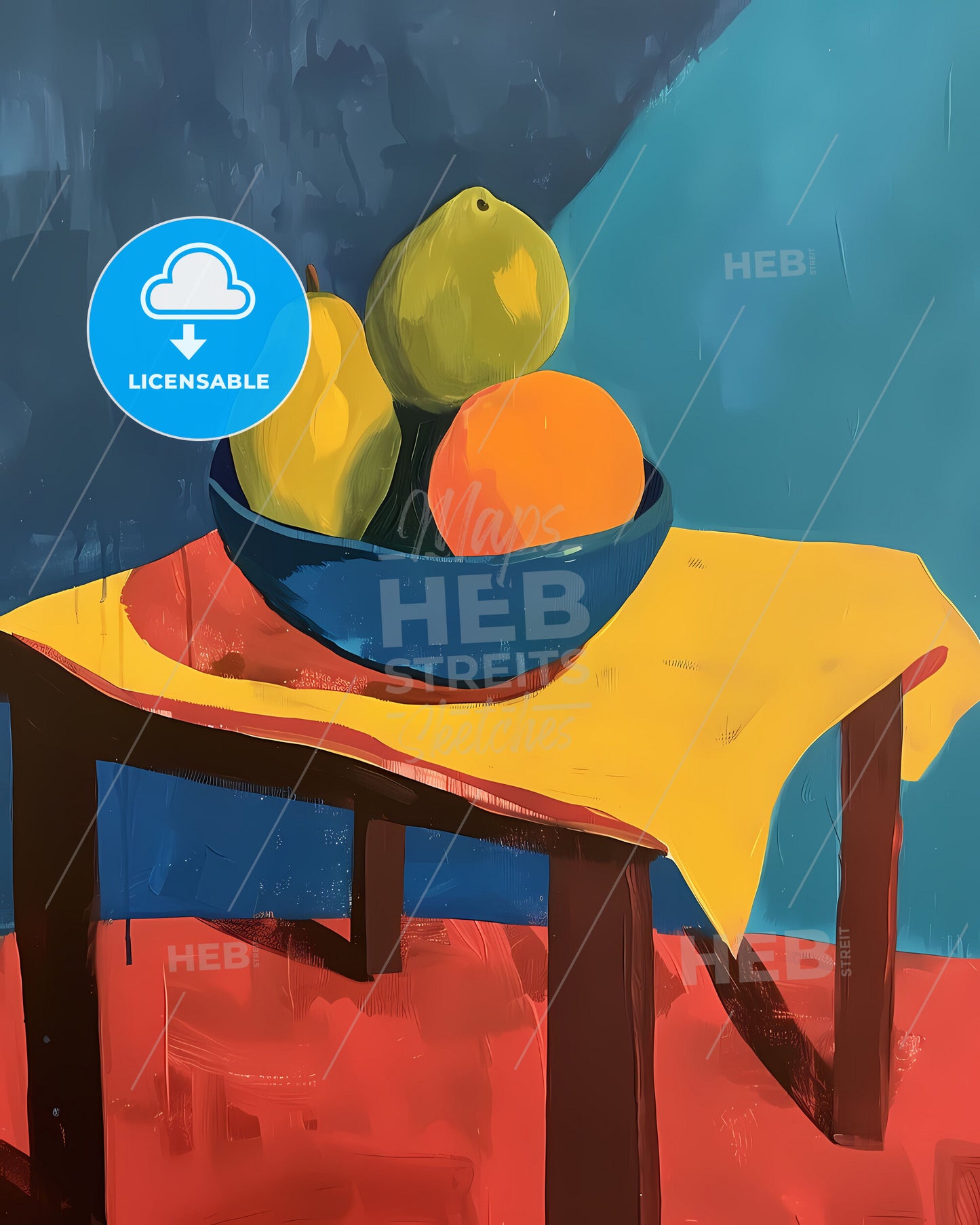 Colorful and vivid abstract modern still life acrylic painting of a bowl of fruit on a table in Scandinavian design