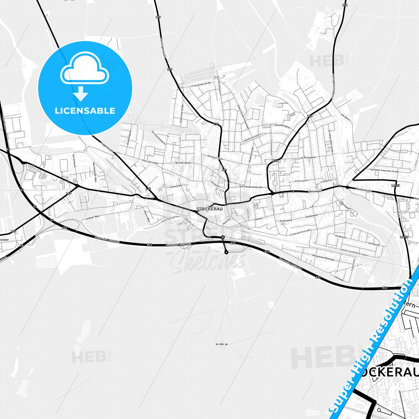 Stockerau, Austria Light Map with Street Names, City Names, and Districts