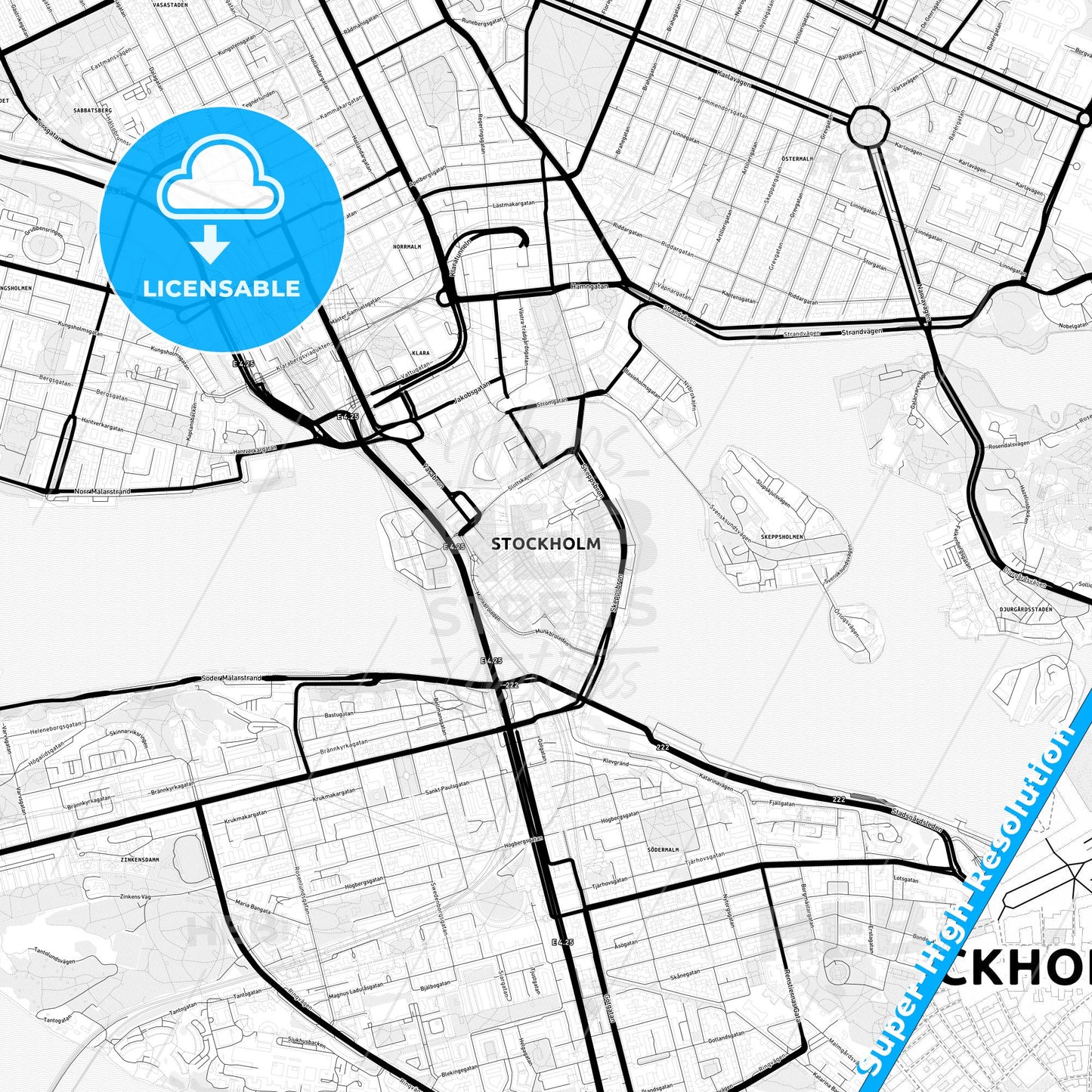Stockholm, Sweden Light Map with Street Names, City Names, and Districts