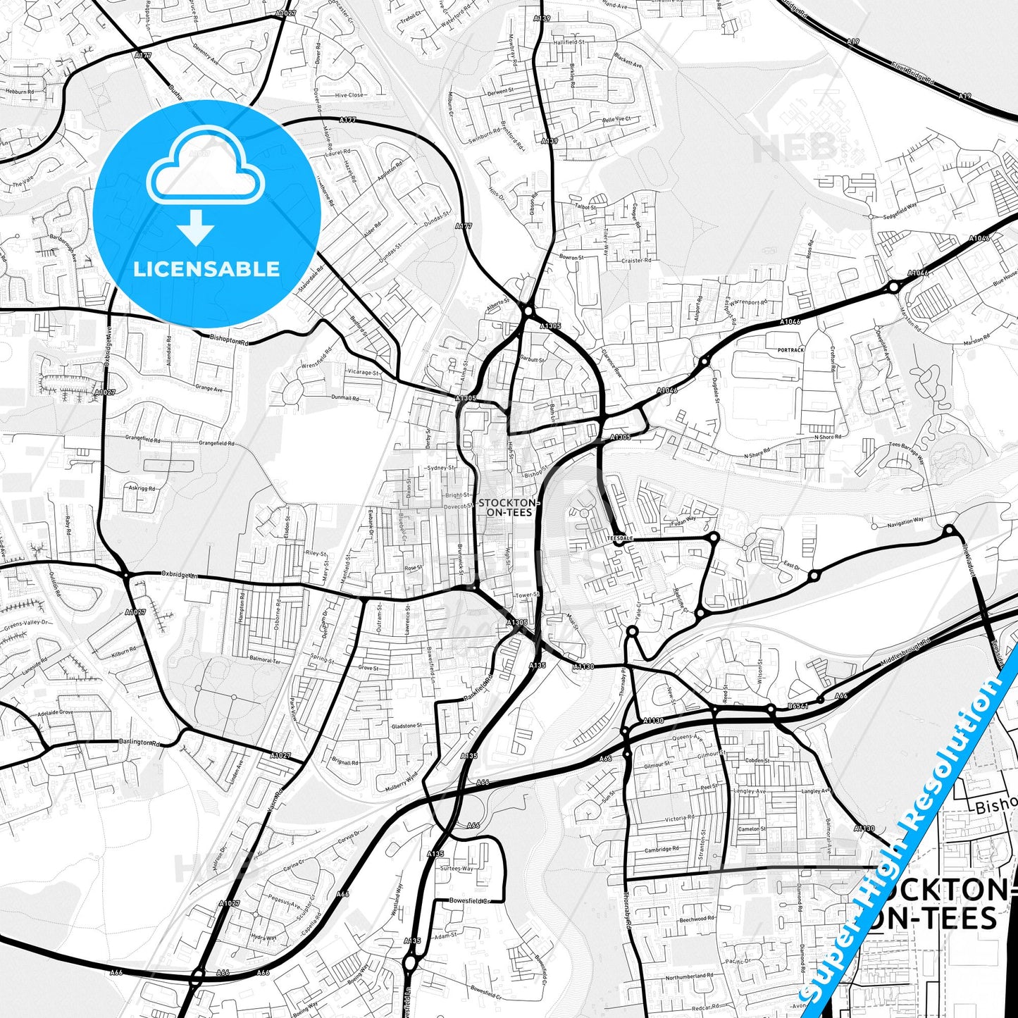 Stockton-on-Tees, England Light Map with Street Names, City Names, and Districts